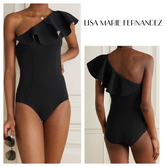 LISA MARIE FERNANDEZ One-Shoulder Ruffled Black Swimsuit/ Bodysuit Medium Sz 3 - Picture 1 of 10